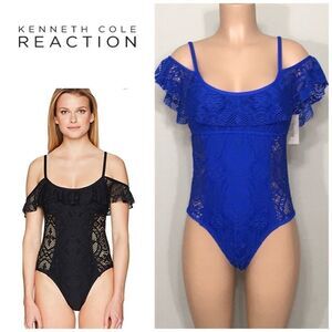 Kenneth Cole Reaction V-Neck Crochet Swim Suit.